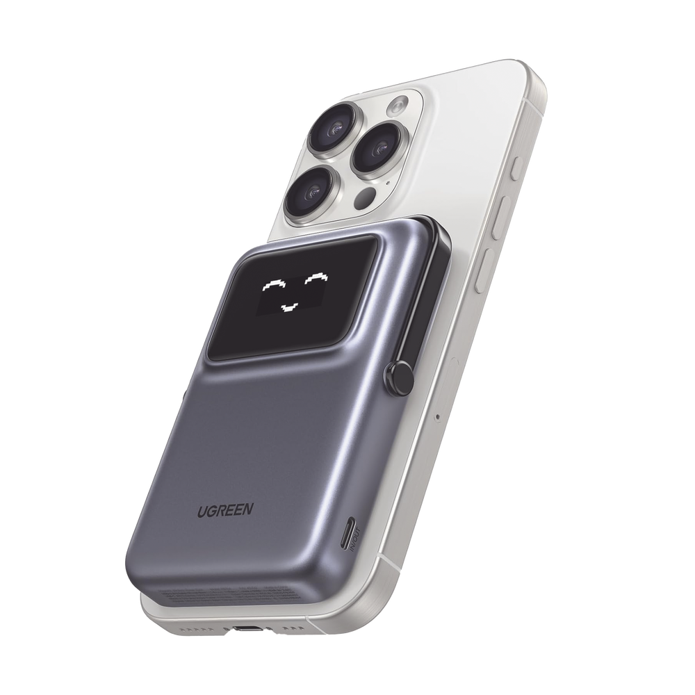 45327-l Power Bank Serie UNO Inalambrico | 10000mAh | 7.5W/20W | Con Emojis de Estado | Carga Rápida USB-C Bidireccional | Pantalla TFT Inteligente | Con Holder | Color Grey.