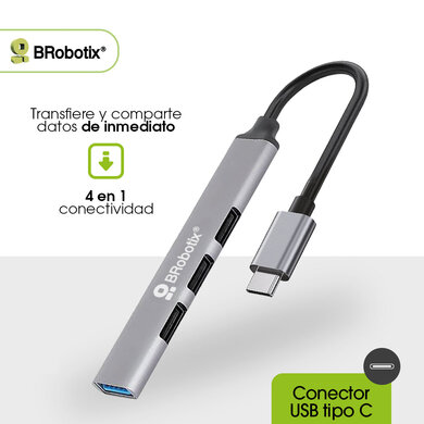 HUB USB BRobotix 6008058 - Puerto de Entrada Tipo C · 4 Puertos USB 3.0 | Alta Velocidad USB 3.0 · Diseño Compacto Plata